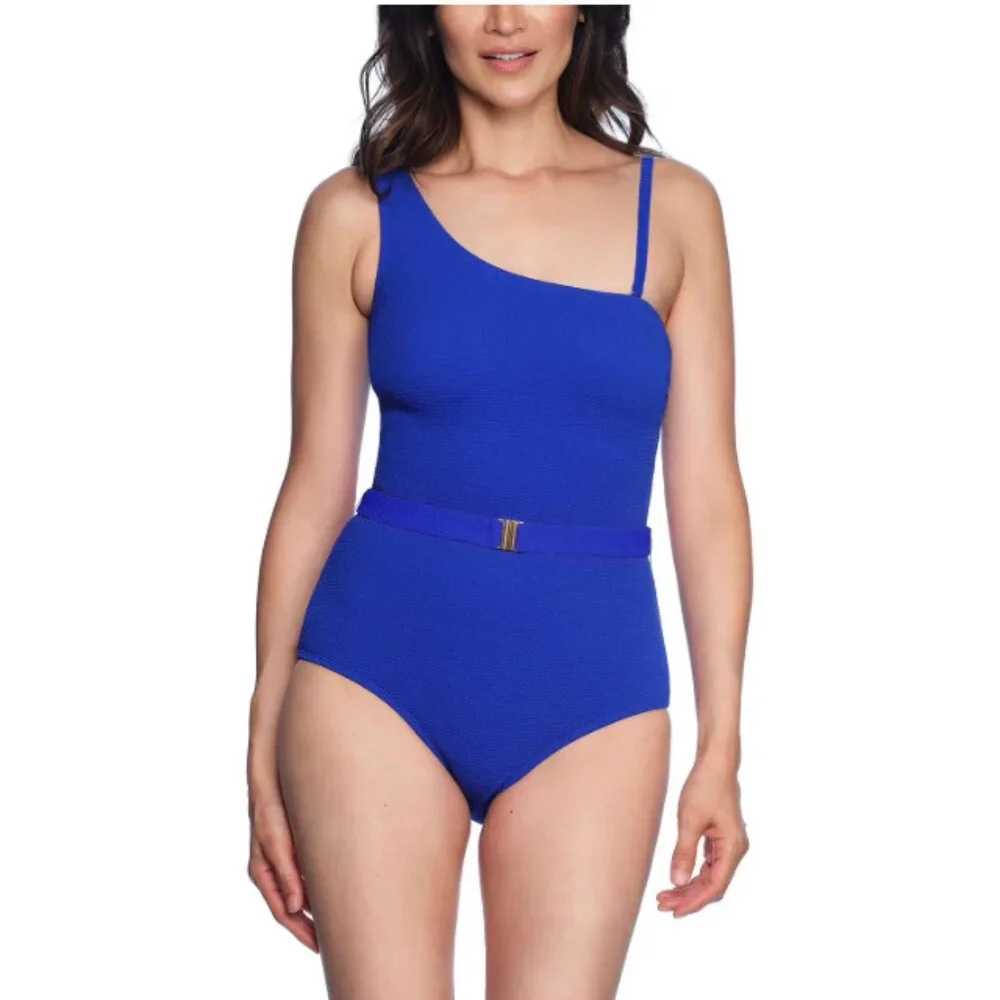 Loft XL Solid Blue Asymmetrical Textured One‎ Piece Swimsuit One Shoulder NEW